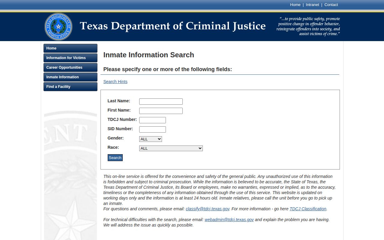 Texas Department of Criminal Justice state offender search for McMullen County custody distinction